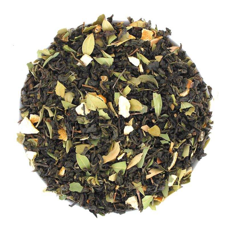 Mélange de thé vert Gunpowder bio, myrte, écorces de citron et verveine, pour un thé frais en été
