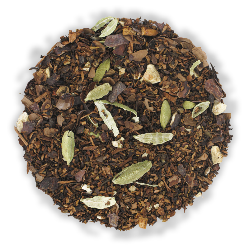 Mélange de honeybush avec cosses de cacao torréfiées, cannelle, cardamome et pomme, pour une infusion épicée du soir