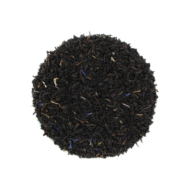 Mélange de thé noir avec pétales de bleuet et de violette, pour une boisson florale et sombre
