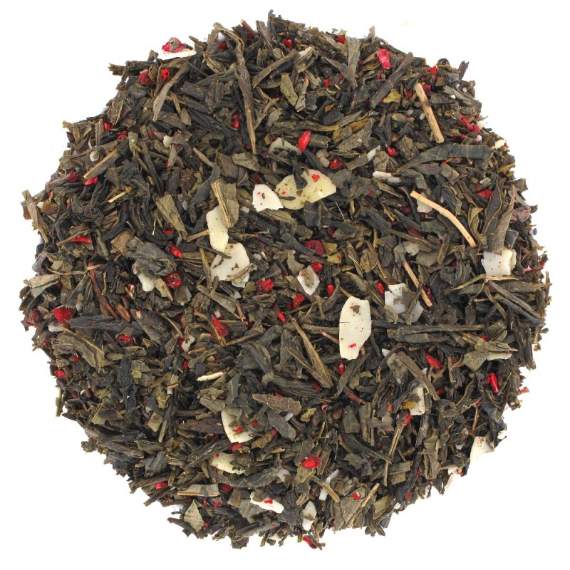 Mélange de thé vert Sencha, framboises, amande effilée et pétales de grenade pour une soirée réconfortante à la maison