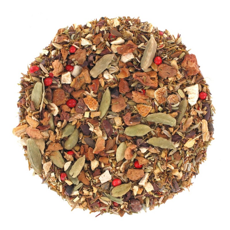 Mélange de rooibos vert, gingembre, cannelle, cardamome et poivre rouge pour un thé épicé du matin