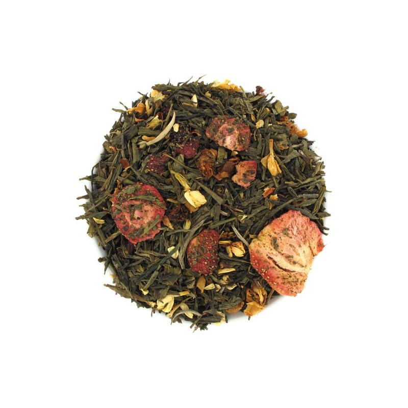 Mélange de thé vert, thé blanc, jasmin, camomille et fraise, idéal pour un moment calme à la maison