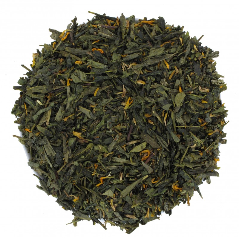 Mélange de thé vert sencha avec pétales de fleurs et arôme naturel de pêche