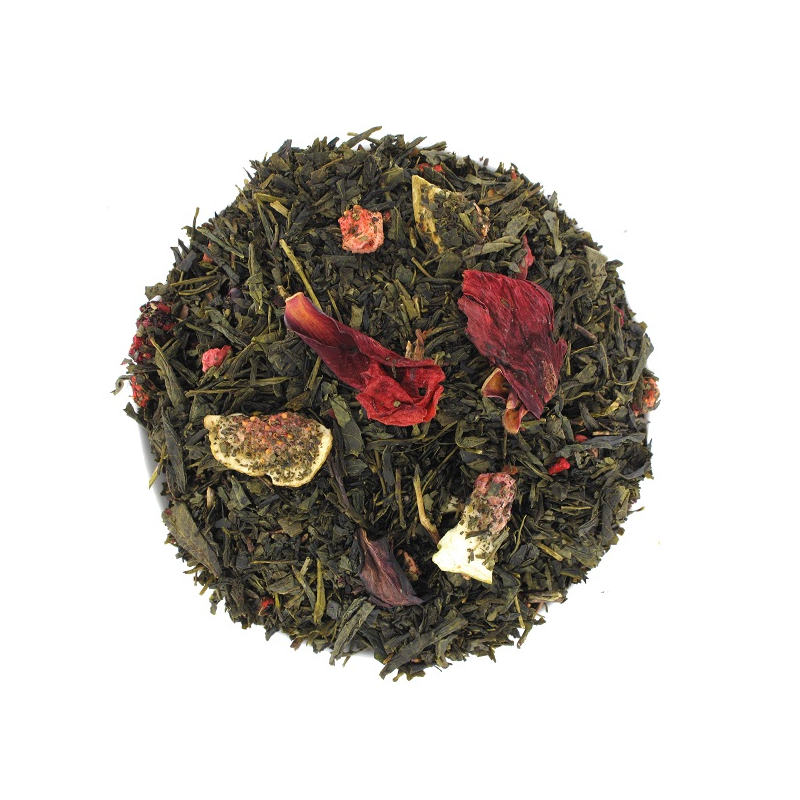 Mélange de thé vert sencha avec tranches de figues, mûres, framboises, fraise et pétales de pivoine